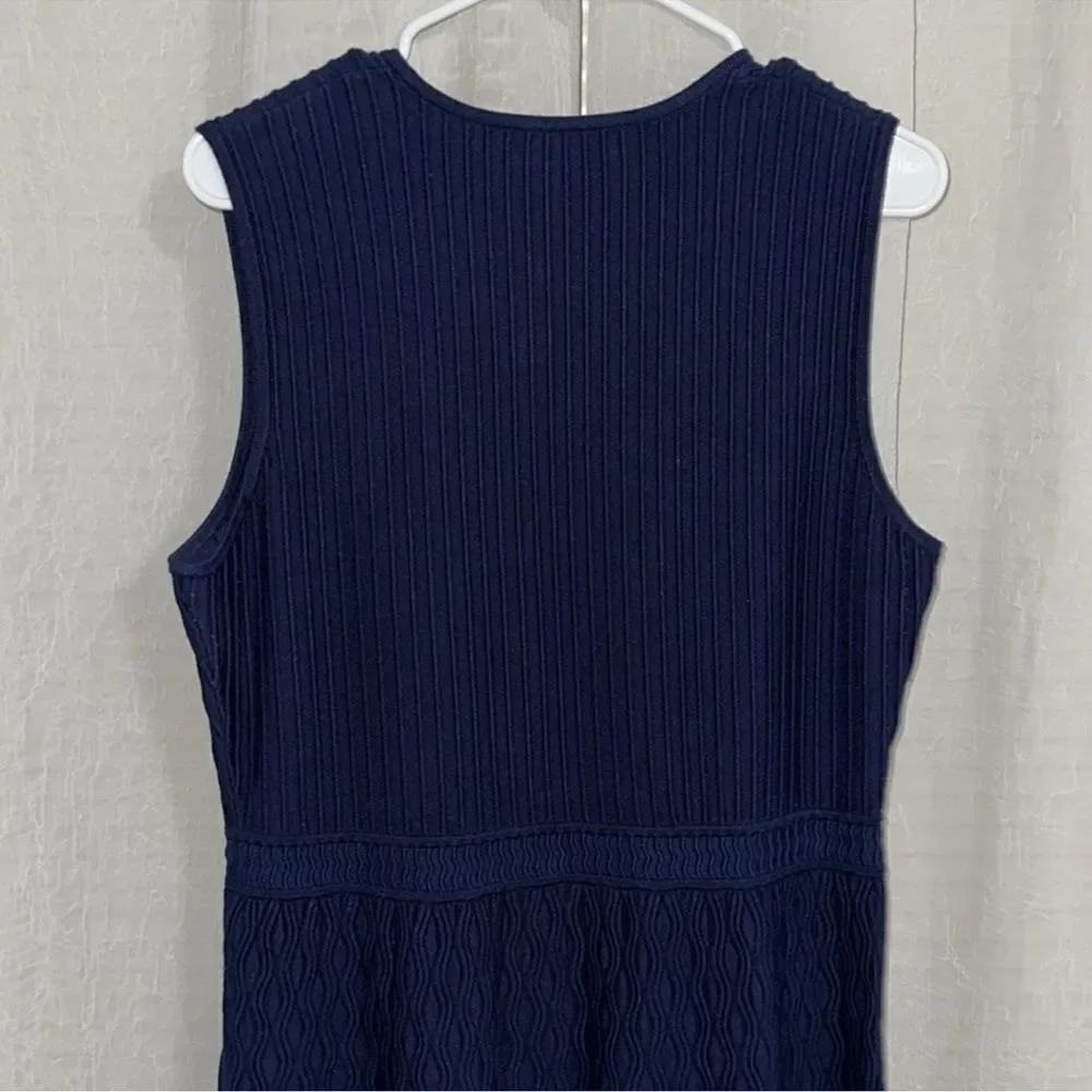 Tory Burch L LIAM Navy Knit Fit-and-Flare Textured Sleeves Dress